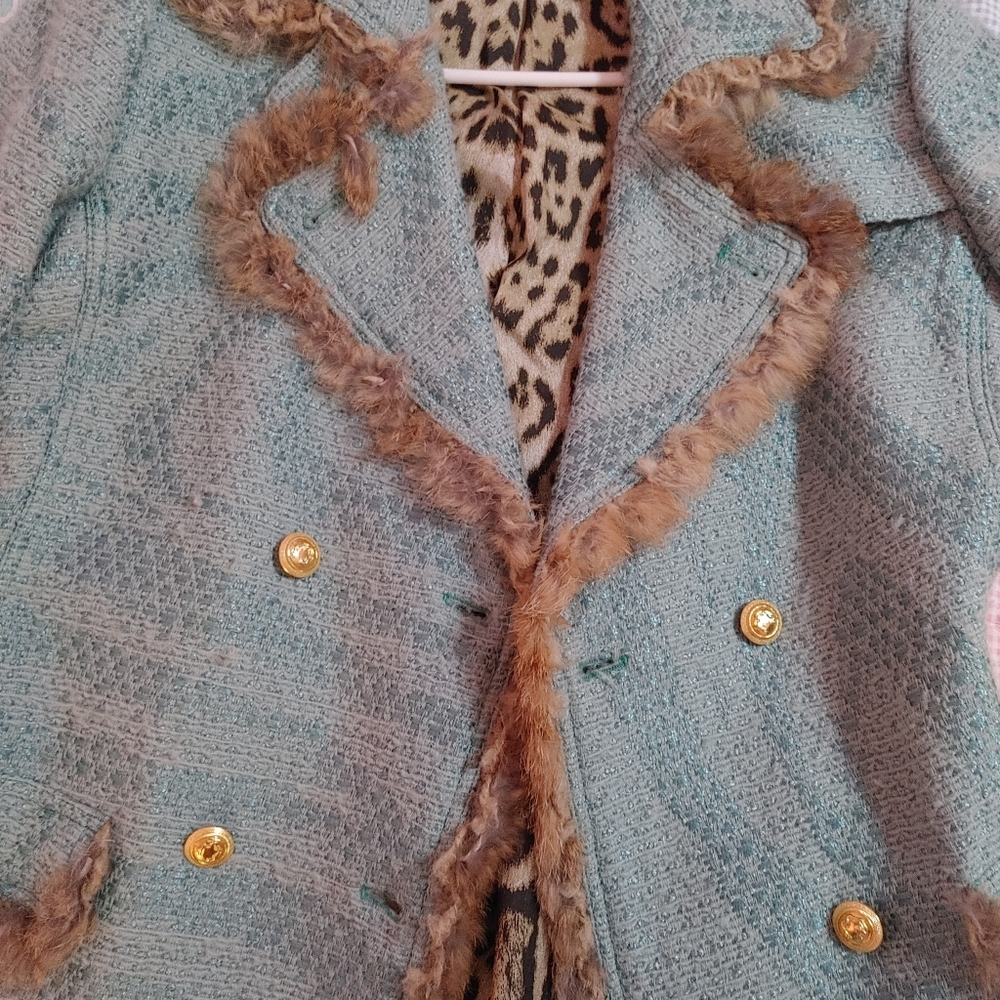 Roberto Cavalli Aqua Blue Pea Coat with Brown Fur Trim - Picture 3 of 5